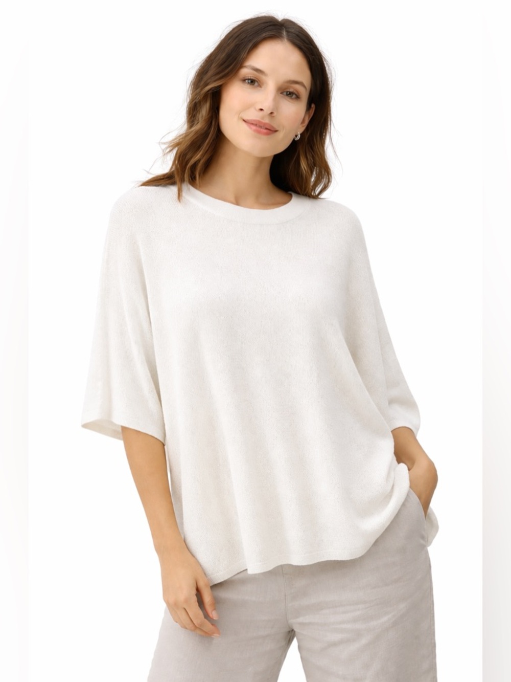 Eileen Fisher Organic Linen Boxy Knit Top Ivory S/M